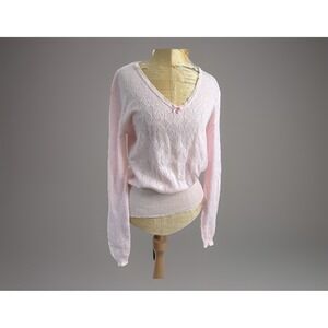 Vintage Pointelle Knit Sweater Sz M Pink Lace Trim Coquette Cottage Soft Girl UK